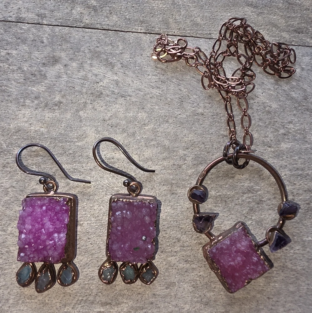 Beautiful Multi-Color Druzy Pendant & Earring Set in Copper